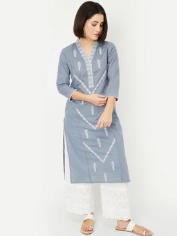 max - Women Embroidered Straight Grey Kurta