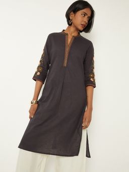 max - Women Embroidered Grey Straight Kurta