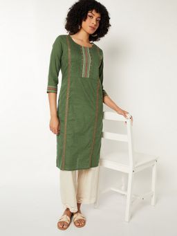 max - Olive Women Embroidered Straight Kurta