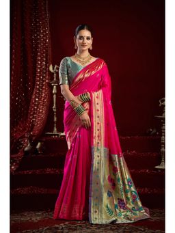 Anjaneya Sarees - Women Pink Kanjeevaram Woven Saree with Unstitched Blouse