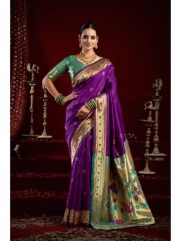 Anjaneya Sarees - Women Purple Kanjeevaram Woven Saree with Unstitched Blouse