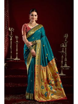 Anjaneya Sarees - Women Teal Kanjeevaram Woven Saree with Unstitched Blouse