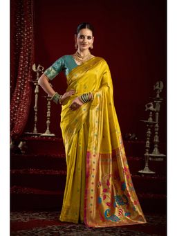 Anjaneya Sarees - Women Yellow Kanjeevaram Woven Saree with Unstitched Blouse