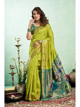 Anjaneya Sarees - Women Green Kanjeevaram Woven Saree with Unstitched Blouse