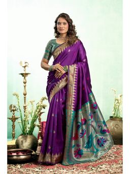 Anjaneya Sarees - Women Purple Kanjeevaram Woven Saree with Unstitched Blouse