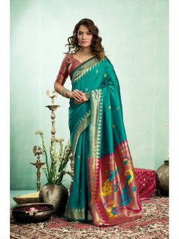 Anjaneya Sarees - Women Green Kanjeevaram Woven Saree with Unstitched Blouse