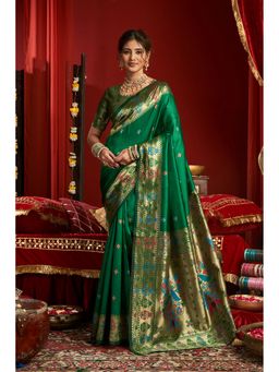 Anjaneya Sarees - Women Green Kanjeevaram Woven Saree with Unstitched Blouse