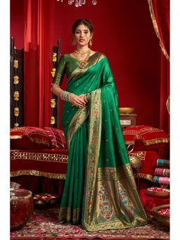 Anjaneya Sarees - Women Green Kanjeevaram Woven Saree with Unstitched Blouse