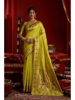 Anjaneya Sarees - Women Mustard Kanjeevaram Woven Saree with Unstitched Blouse