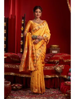 Anjaneya Sarees - Women Orange Kanjeevaram Woven Saree with Unstitched Blouse