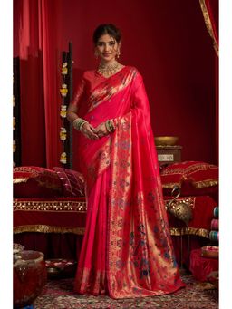 Anjaneya Sarees - Women Red Kanjeevaram Woven Saree with Unstitched Blouse