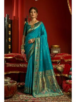 Anjaneya Sarees - Women Teal Kanjeevaram Woven Saree with Unstitched Blouse