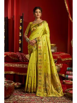 Anjaneya Sarees - Women Yellow Kanjeevaram Woven Saree with Unstitched Blouse