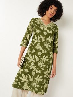 max - Women Printed Olive Straight Kurta