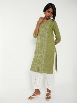 max - Women Green Cotton Blend Embroidered Straight Kurta