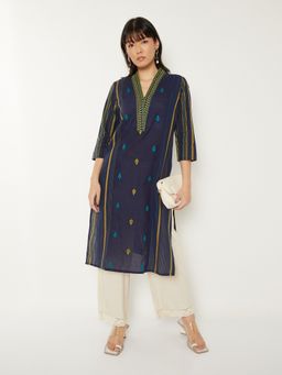 max - Women Navy Blue Cotton Embroidered Straight Kurta