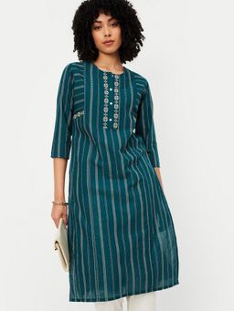 max - Women Embroidered Green Striped Straight Kurta