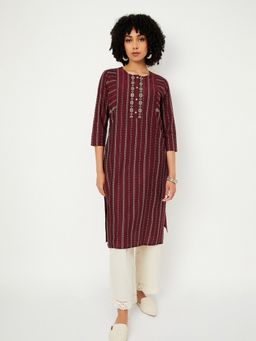 max - Women Maroon Cotton Embroidered Straight Kurta
