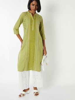 max - Women Green Cotton Blend Abstract Straight Kurta