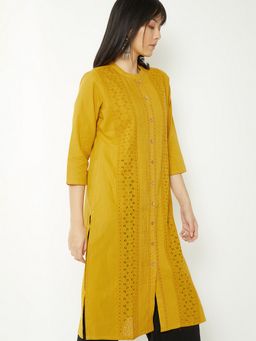 max - Women Yellow Cotton Blend Embroidered Straight Kurta