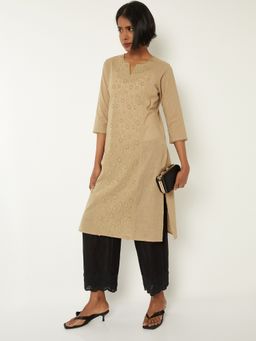 max - Women Brown Cotton Blend Embroidered Straight Kurta