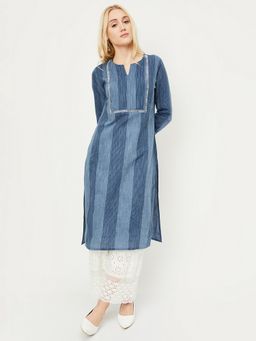 max - Women Indigo Cotton Blend Stripes Straight Kurta