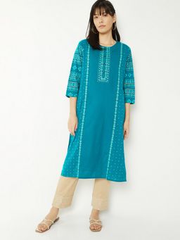 max - Women Blue Cotton Blend Embroidered Straight Kurta