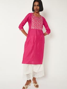 max - Women Pink Polyester Blend Embroidered Straight Kurta
