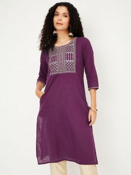 max - Women Purple Cotton Blend Embroidered Straight Kurta