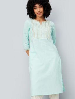 max - Women Aqua Cotton Blend Embroidered Straight Kurta