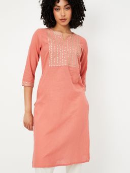 max - Women Coral Cotton Blend Embroidered Straight Kurta