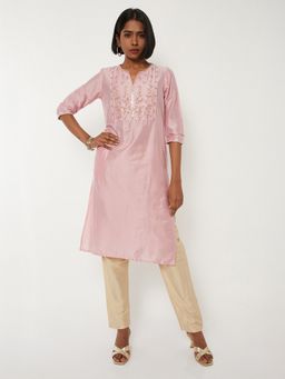 max - Women Pink Polyester Blend Embroidered Straight Kurta