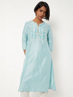max - Women Blue Polyester Blend Embroidered Straight Kurta