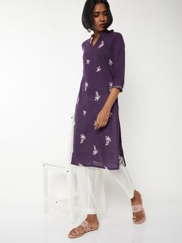 max - Women Purple Cotton Blend Embroidered Straight Kurta