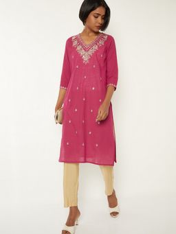 max - Women Pink Cotton Blend Embroidered Straight Kurta