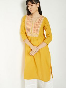 max - Women Yellow Cotton Blend Embroidered Straight Kurta