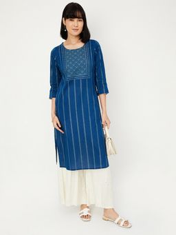 max - Women Blue Cambric Stripes Straight Kurta
