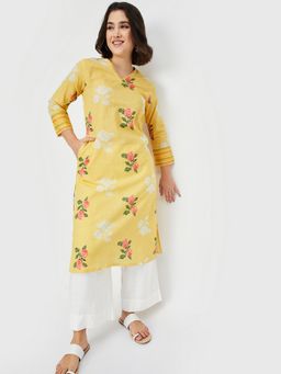 max - Women Yellow Cotton Blend Floral Straight Kurta