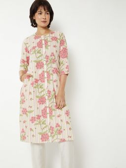 max - Women Off White Cotton Blend Floral Straight Kurta