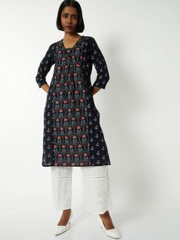 max - Women Black Cotton Blend Floral Straight Kurta