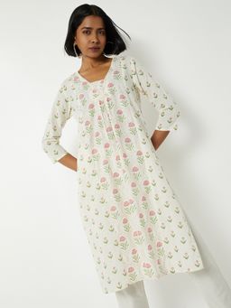 max - Women Off White Cotton Blend Floral Straight Kurta