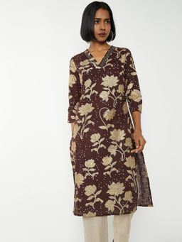 max - Women Brown Cotton Blend Floral Straight Kurta