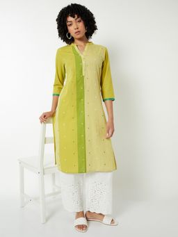 max - Women Green Cotton Blend Abstract Straight Kurta