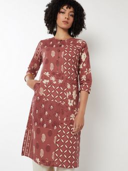 max - Women Brown Cotton Blend Abstract Straight Kurta