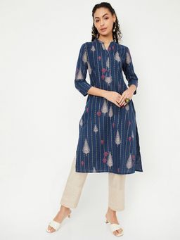 max - Women Indigo Cotton Blend Abstract Straight Kurta