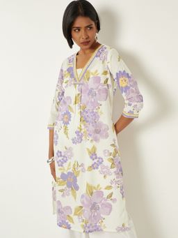max - Women Purple Cotton Blend Floral Printed Straight Kurta
