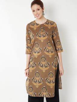 max - Women Brown Cambric Floral Printed Straight Kurta
