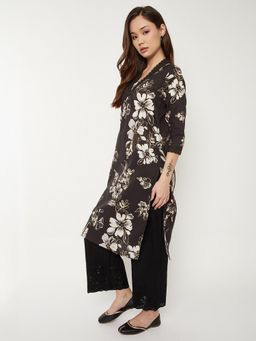 max - Women Black Cotton Blend Floral Printed Straight Kurta