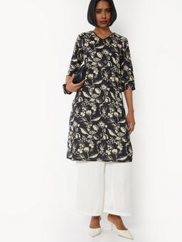 max - Women Black Cotton Blend Floral Printed Straight Kurta