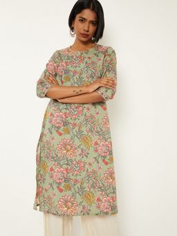 max - Women Green Cambric Floral Printed Straight Kurta